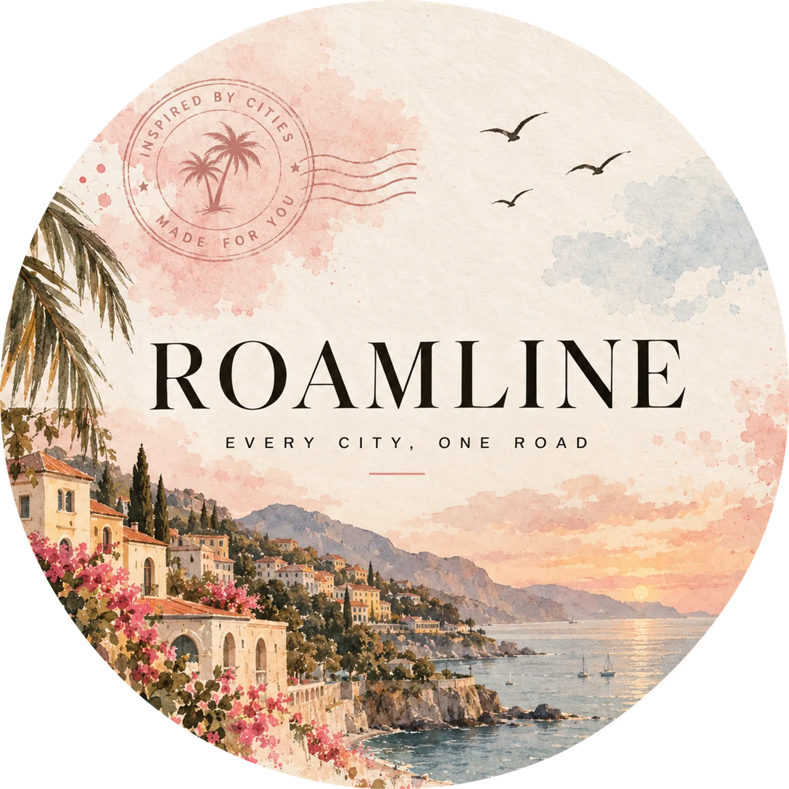 ROAMLINE emblem: a coastal town at sunset, with the words Every city, one road